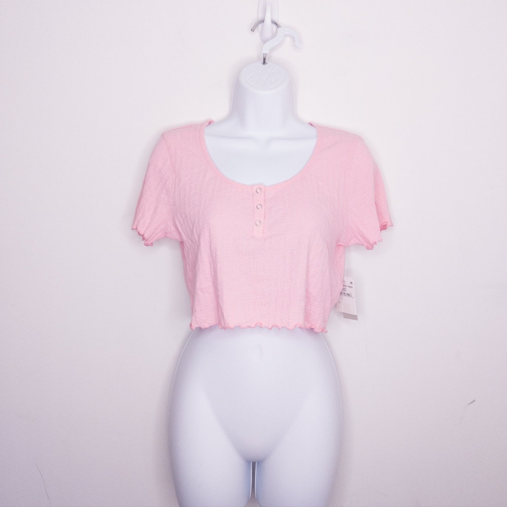 BP. Pointelle Rib Crop Henley Top Size Medium Pink Opal Short Sleeve Shirt